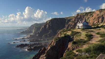 remote coastal seaside house and cliffs under blue sky
