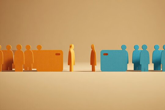 Two groups of stylized figures face each other across a divide