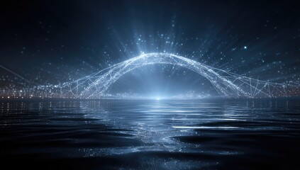 Glowing digital network structure arching over a dark, reflective surface