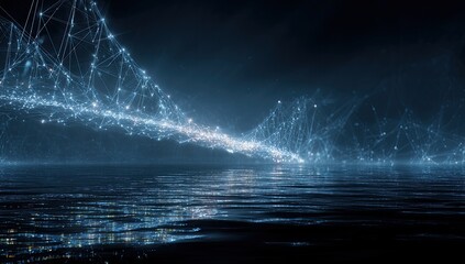Ethereal network of lights forming a helix above a shimmering, reflective water surface