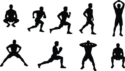 Obraz premium Fitness workout people silhouettes set isolated on white background, male exercise poses collection for training, gym, sport, vector illustration