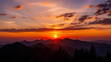 Sunset Over Mountain Range with Dramatic Sky and Golden Light.
