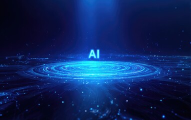 Digital display showing an AI concept with glowing blue concentric circles and particle effects