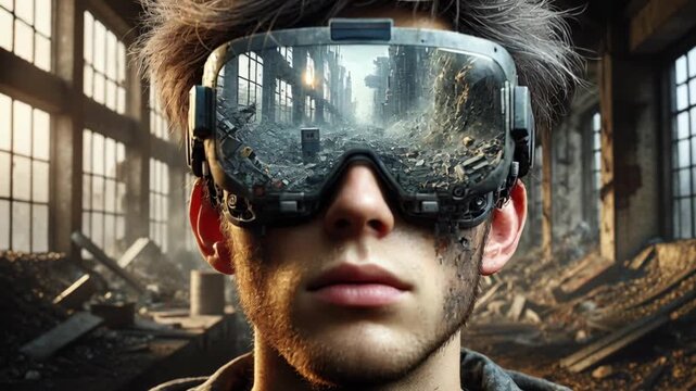 Extreme close up hyper realistic portrait video of a young man with reflective lenses showing a collapsing city, creating a dramatic futuristic atmosphere filled with tension and intensity