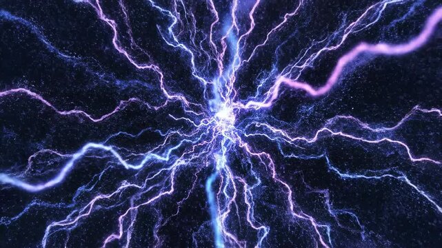 Fast moving fluid blue and purple glowing energy traces creating rapid unpredictable nonlinear pathways across the dark screen template, stream, science