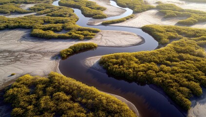 Naklejka premium Aerial view of a winding river with lush green vegetation and sandy banks