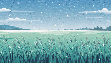 雨が降る草原 広い草原にたくさんの雨が降り注いでいる　