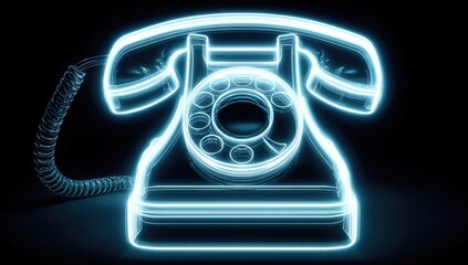 Glowing neon outline of an old-fashioned rotary dial telephone on a black background