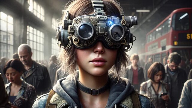 Hyper realistic close up portrait video of a young woman wearing a futuristic VR headset in a crowded urban setting, expressing immersion innovation and modern digital lifestyle
