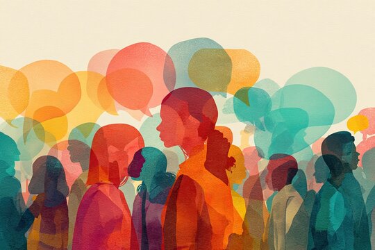 Silhouetted crowd with colorful speech bubbles overlapping, representing communication and community