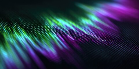 Abstract glowing digital wave pattern with purple and green light