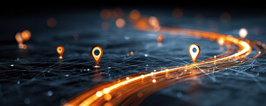 Glowing lines and map pins create a path through dark, abstract space