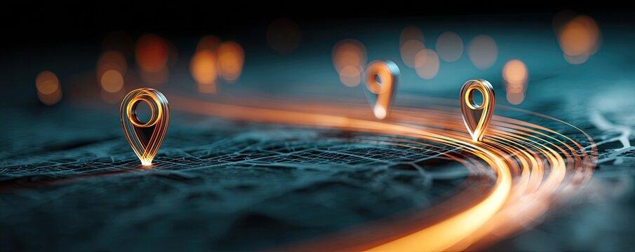 Glowing location pins mark a luminous path on a dark, abstract map - Powered by Adobe