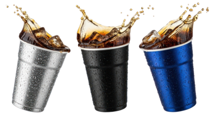 Three cups of splashing cola with flying ice cubes on transparent background