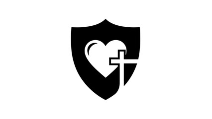 Fototapeta premium Religious shield icon with heart and cross. Christian protection symbol for church, ministry, or faith-based branding. Solid black silhouette isolated on white.