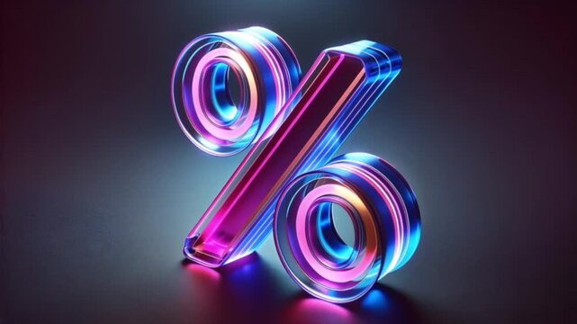 Close up view video of a 3D glass like percentage symbol with transparent reflective surface and modern lighting, representing statistics finance calculation and data concept