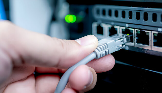 Close up hand plugging ethernet cable into network switch port, IT maintenance and connectivity concept