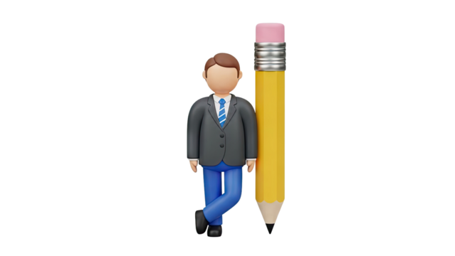 3D Businessman Leaning on Giant Pencil - Powered by Adobe