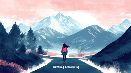 Illustration of a girl with a backpack walking toward the mountains, symbolizing freedom, travel, self discovery and inspiration in a calm landscape
