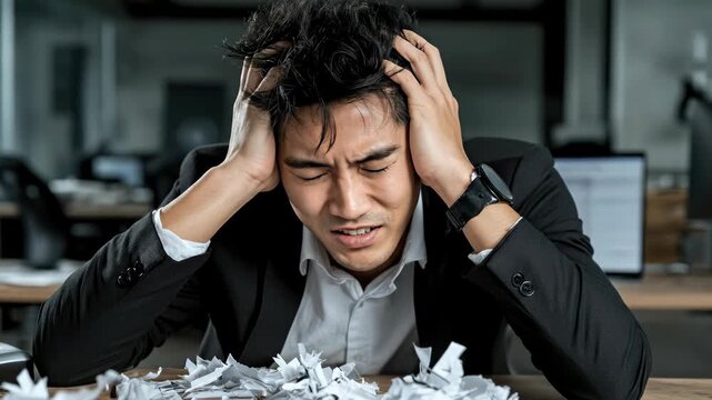 Video professional strain: weary employee, brain drain, task stress, career burden, office demand, daily exhaustion, physical fatigue, corporate tension, productivity strain, emotional wear,