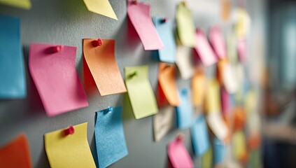 A vibrant wall covered in many colorful sticky notes pinned up