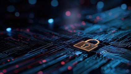 Digital padlock glows on circuit board with glowing red data streams, abstract tech