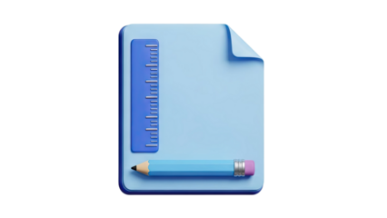 Blue 3D Icon: Ruler and Pencil on Light Blue Paper