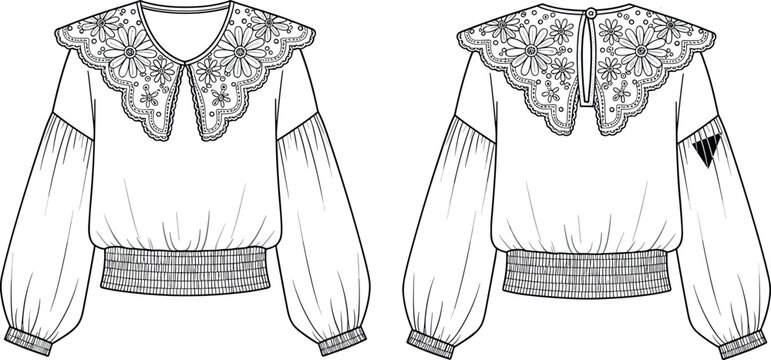 Technical fashion sketch (front and back view) of an elegant surplice blouse with a draped V-neckline, shirting waist, and wide buckle belt, vector template for chic apparel design.
