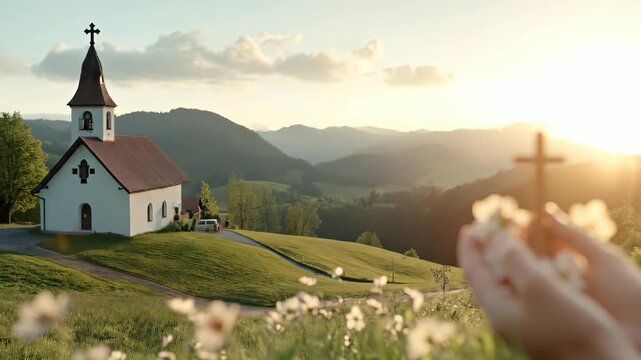 Hands hold a small cross and white flowers. A peaceful church stands in a green mountain valley. Golden sunset light inspires religious faith, devoted prayer, and quiet reflection.
