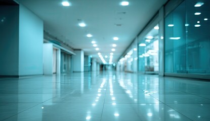 An empty, brightly lit indoor corridor with reflective floors and storefronts