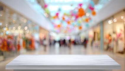 Blurred shopping mall interior with colorful decorations and empty surface