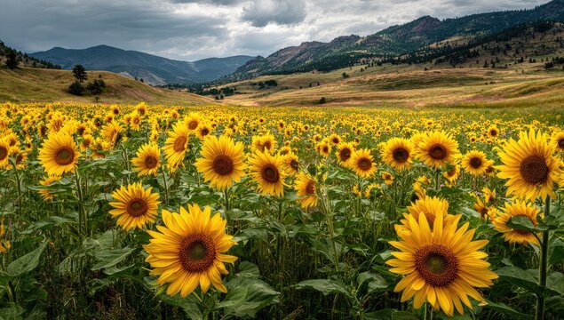 Vast field of bright yellow sunflowers under a dramatic, cloudy sky - Powered by Adobe
