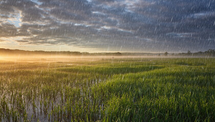 雨が降る草原 広い草原にたくさんの雨が降り注いでいる　