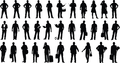People silhouettes collection showing business professionals workers musicians travelers and everyday activities isolated on white background illustration