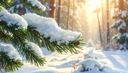 snowflakes pine branch winter forest nature holiday frost green needles cold seasonal background