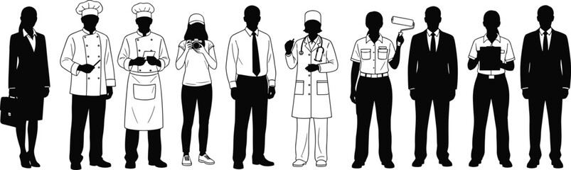 Professional people silhouettes showing diverse occupations including business, chef, doctor, painter, and office workers isolated on white background