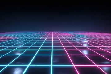 Neon grid receding into darkness with dual blue and pink illumination