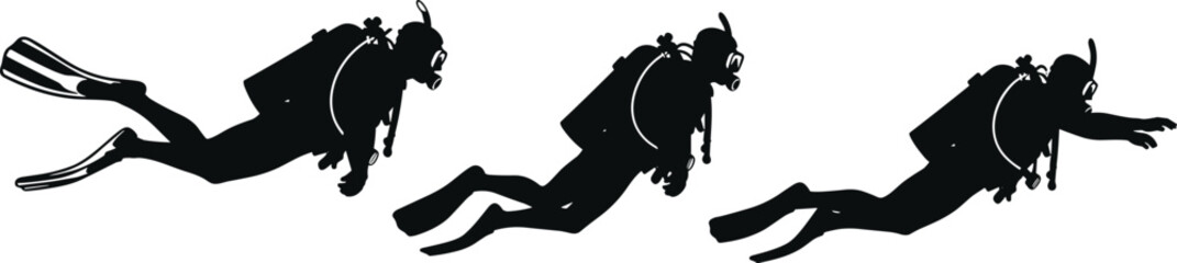 Scuba diver silhouettes swimming underwater, professional diving equipment poses, black human figures collection isolated on white background illustration