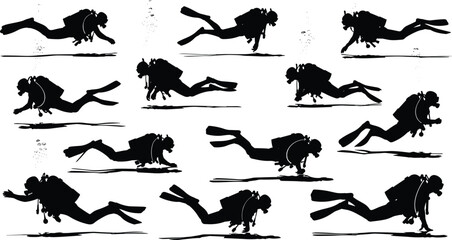 Scuba diver silhouettes underwater swimming poses collection, professional diving equipment motion set, marine adventure sport illustration isolated on white