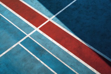 Fototapeta premium Textured blue court lines with vibrant red stripe intersected by light
