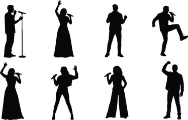 Singer silhouettes performing live with microphone, male female vocalists poses, concert music performance illustration, isolated stage entertainer collection set design