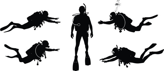 Scuba diver silhouettes underwater swimming poses, professional diving equipment action, ocean adventure sport illustration, isolated deep sea explorer collection