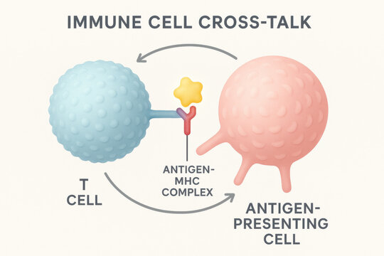 Informative immunology diagram of immune cell cross talk. medical illustration shows T cell and antigen presenting cell interaction via MHC complex for science education