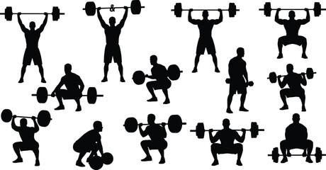 Weightlifting athlete silhouettes performing squat clean jerk exercises, strength training bodybuilding fitness poses isolated on white background