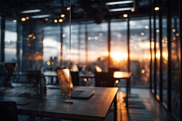 Modern office with laptop on desk overlooking sunset through large windows
