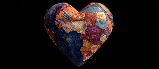 A colorful, stitched heart shaped like Earth, on black