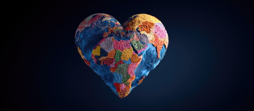 Heart-shaped globe with countries depicted in a patchwork of colors - Powered by Adobe