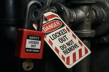 Dramatic industrial lockout tagout scene with red safety padlock and bold warning tag. close up on metal machinery conveys cautionary occupational safety concept