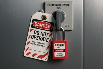 Industrial power disconnect switch secured with bold red lockout padlock and hazard tag. strong safety compliance scene showing serious danger and do not operate warning