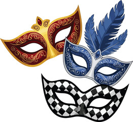 Mardi Gras Masquerade Mask Set with Feathers and Gold